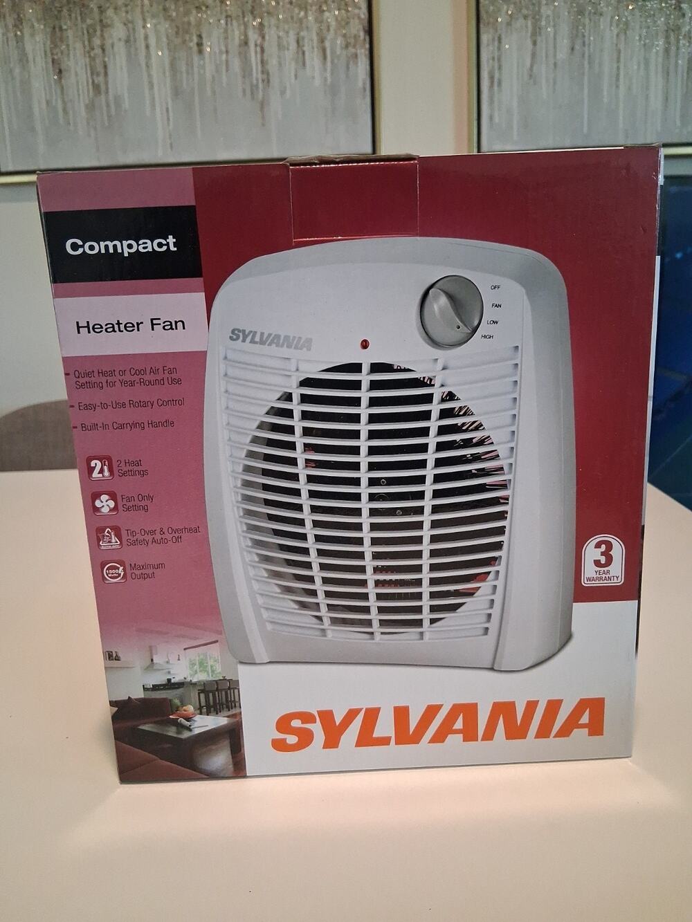 Sylvania Compact Space Heater Fan 2 Heat Settings Fan Only Quiet Portable White